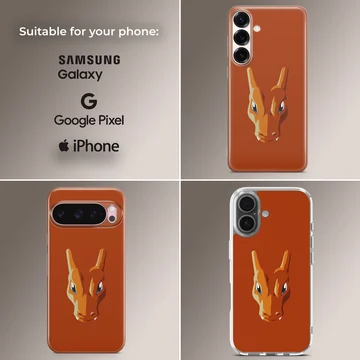 Digital illustration of an orange fire dragon head on a solid burnt orange phone case background — Collage