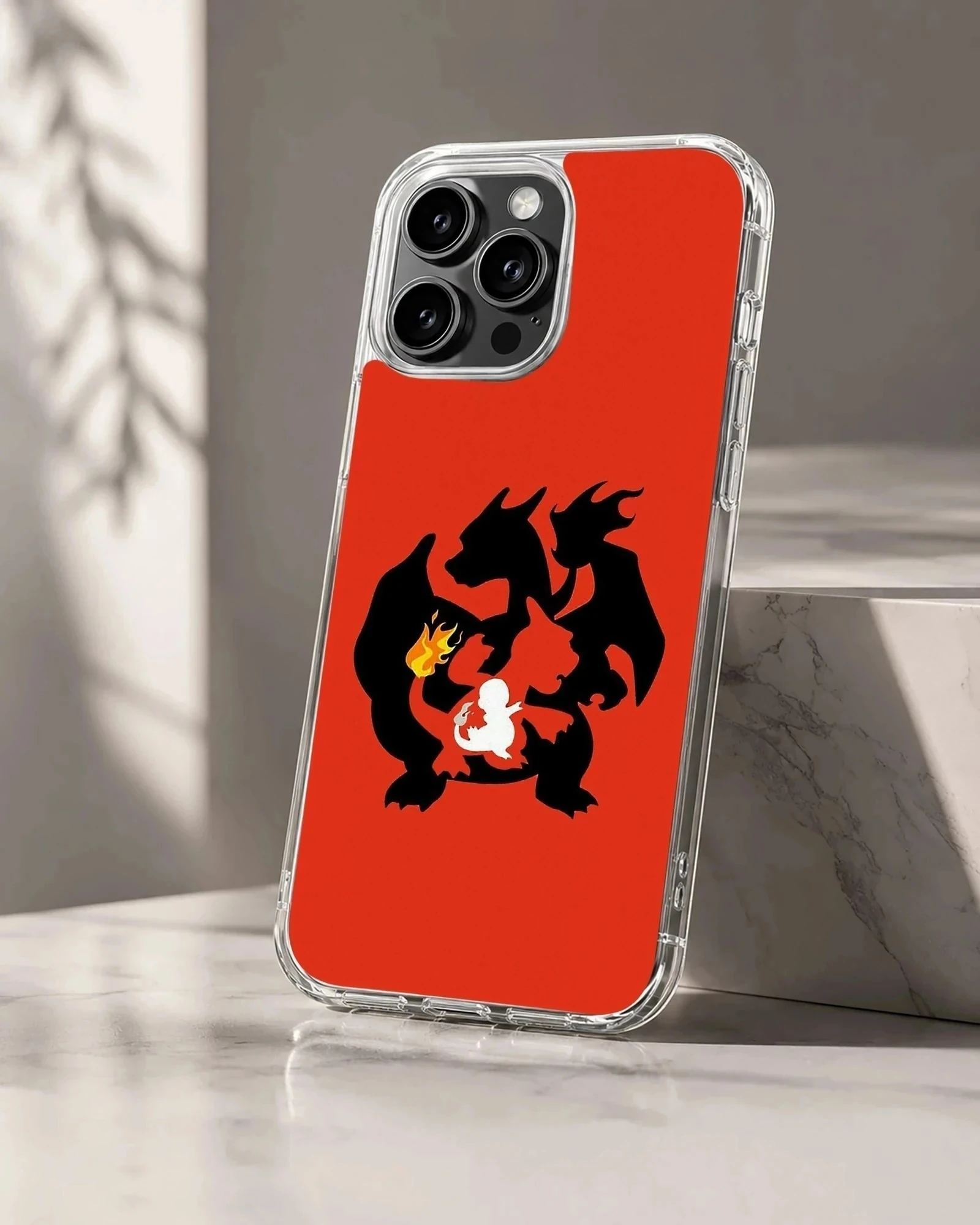 Nested black and white silhouettes of a fire dragon evolution on a vibrant red background phone case