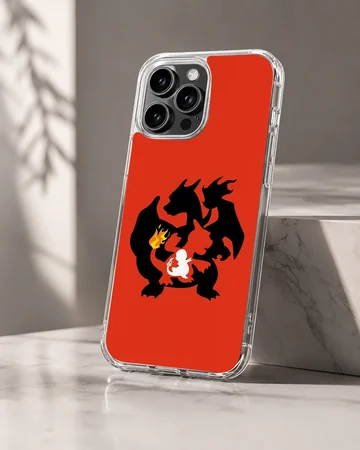 Nested black and white silhouettes of a fire dragon evolution on a vibrant red background phone case — Hero