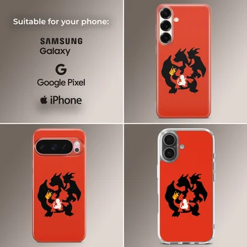 Nested black and white silhouettes of a fire dragon evolution on a vibrant red background phone case — Collage