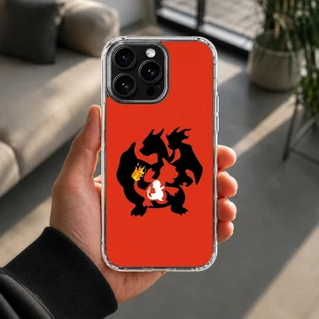Nested black and white silhouettes of a fire dragon evolution on a vibrant red background phone case — Lifestyle