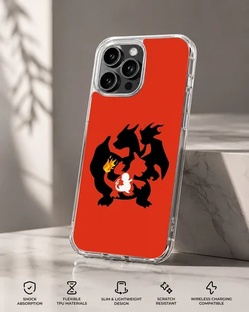 Nested black and white silhouettes of a fire dragon evolution on a vibrant red background phone case — Specs
