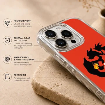 Nested black and white silhouettes of a fire dragon evolution on a vibrant red background phone case — Info