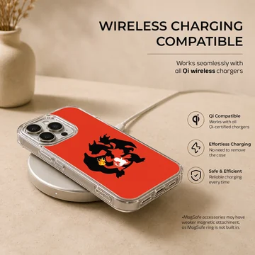 Nested black and white silhouettes of a fire dragon evolution on a vibrant red background phone case — Charging