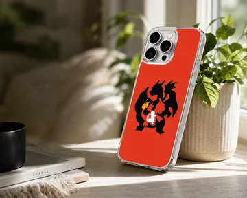 Nested black and white silhouettes of a fire dragon evolution on a vibrant red background phone case — Lifestyle