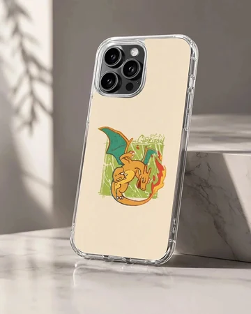 Retro style fire breathing dragon illustration in orange and green on a phone case