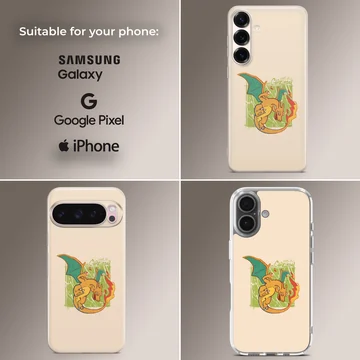 Retro style fire breathing dragon illustration in orange and green on a phone case — Collage