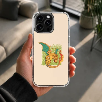 Retro style fire breathing dragon illustration in orange and green on a phone case — Lifestyle