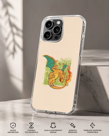 Retro style fire breathing dragon illustration in orange and green on a phone case — Specs