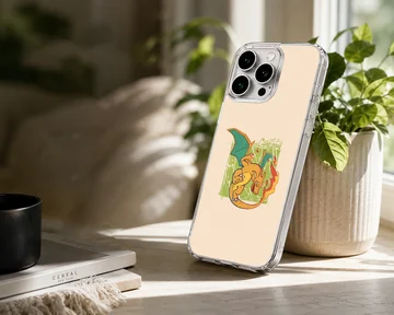 Retro style fire breathing dragon illustration in orange and green on a phone case — Lifestyle