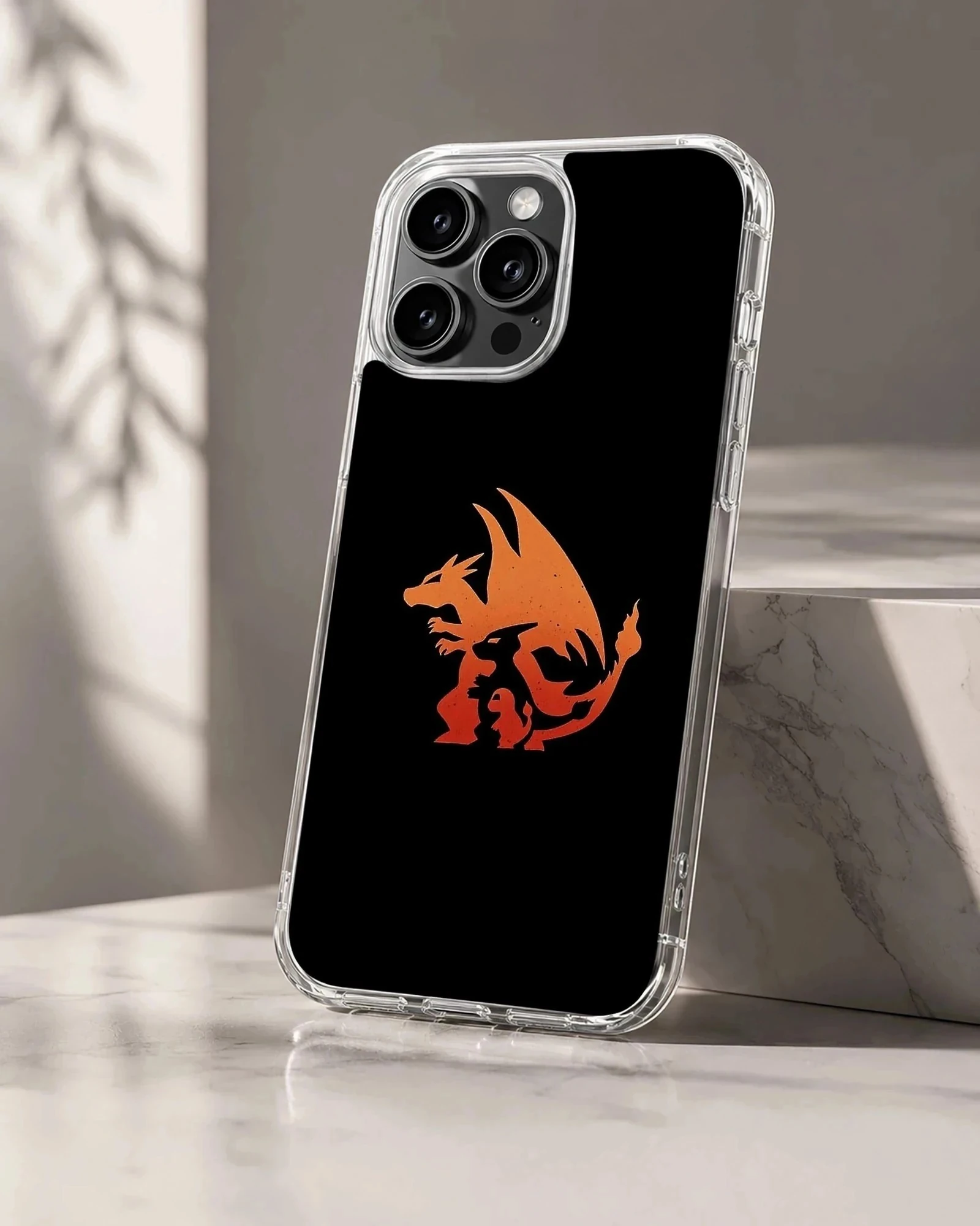 Flame dragon evolution graphic in orange and red on a black phone case