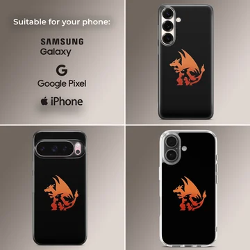 Flame dragon evolution graphic in orange and red on a black phone case — Collage