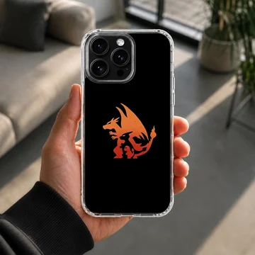 Flame dragon evolution graphic in orange and red on a black phone case — Lifestyle