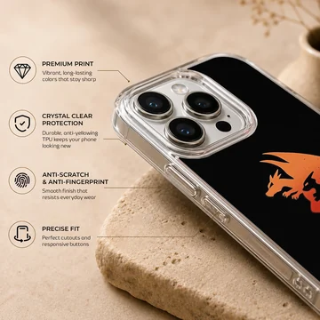 Flame dragon evolution graphic in orange and red on a black phone case — Info