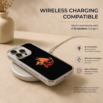 Flame dragon evolution graphic in orange and red on a black phone case — Charging