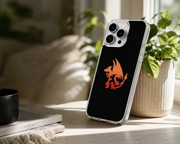 Flame dragon evolution graphic in orange and red on a black phone case — Lifestyle