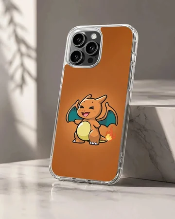 Chibi orange fire dragon with teal wings and a lit tail on a matching orange background phone case