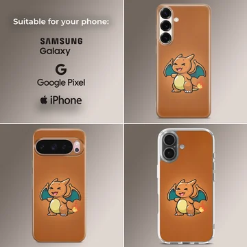 Chibi orange fire dragon with teal wings and a lit tail on a matching orange background phone case — Collage