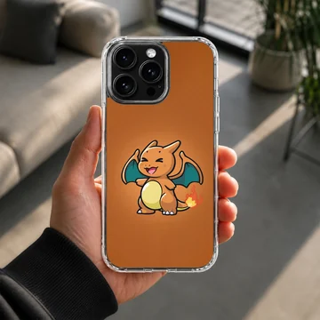 Chibi orange fire dragon with teal wings and a lit tail on a matching orange background phone case — Lifestyle