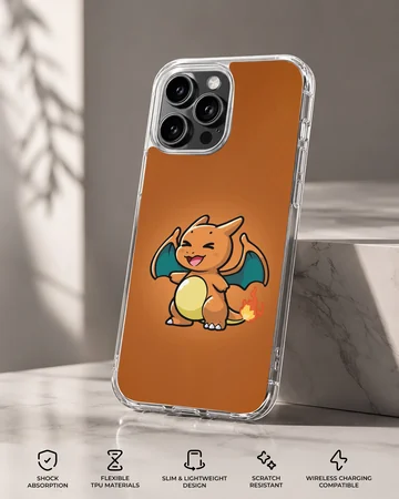 Chibi orange fire dragon with teal wings and a lit tail on a matching orange background phone case — Specs
