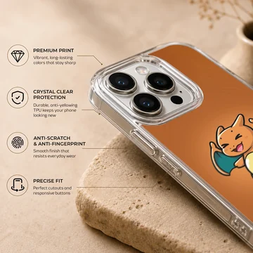 Chibi orange fire dragon with teal wings and a lit tail on a matching orange background phone case — Info