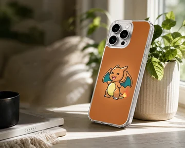 Chibi orange fire dragon with teal wings and a lit tail on a matching orange background phone case — Lifestyle