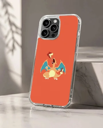 A vibrant orange phone case featuring a digital illustration of a roaring fire dragon breathing flames, phone case