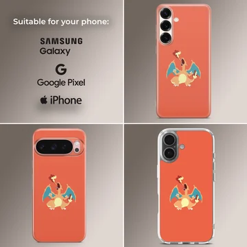 A vibrant orange phone case featuring a digital illustration of a roaring fire dragon breathing flames, phone case — Collage