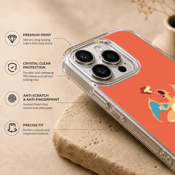A vibrant orange phone case featuring a digital illustration of a roaring fire dragon breathing flames, phone case — Info