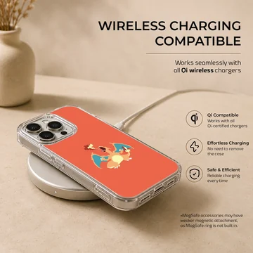 A vibrant orange phone case featuring a digital illustration of a roaring fire dragon breathing flames, phone case — Charging