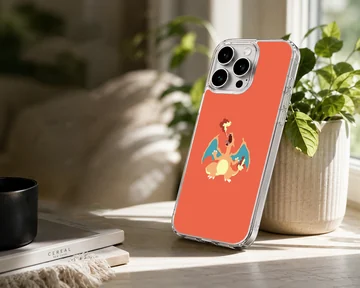 A vibrant orange phone case featuring a digital illustration of a roaring fire dragon breathing flames, phone case — Lifestyle