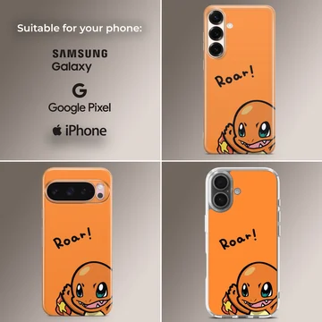 Charizard cartoon character with a roar text bubble on an orange phone case — Collage