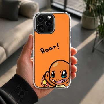 Charizard cartoon character with a roar text bubble on an orange phone case — Lifestyle