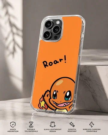 Charizard cartoon character with a roar text bubble on an orange phone case — Specs