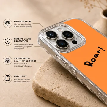 Charizard cartoon character with a roar text bubble on an orange phone case — Info