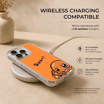 Charizard cartoon character with a roar text bubble on an orange phone case — Charging