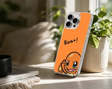 Charizard cartoon character with a roar text bubble on an orange phone case — Lifestyle