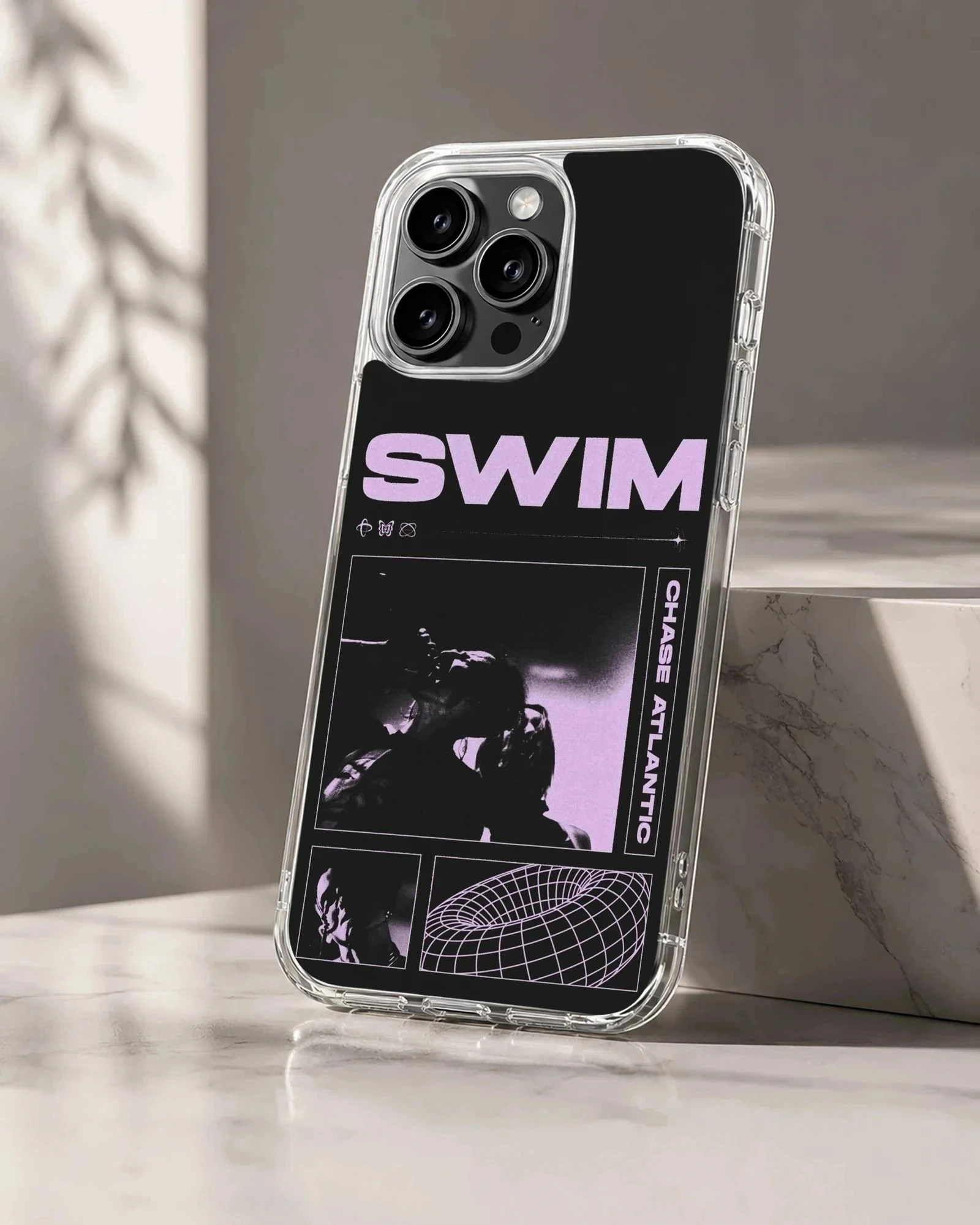 Chase Atlantic Swim phone case with purple and black concert collage design