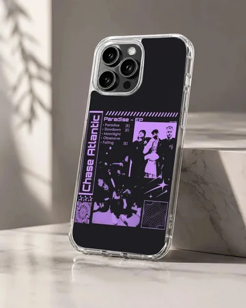 Chase Atlantic phone case featuring a purple collage artwork with tracklist and star motifs on a black backdrop