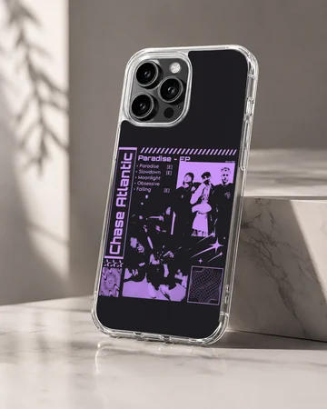 Chase Atlantic phone case featuring a purple collage artwork with tracklist and star motifs on a black backdrop — Hero