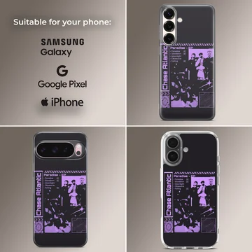 Chase Atlantic phone case featuring a purple collage artwork with tracklist and star motifs on a black backdrop — Collage