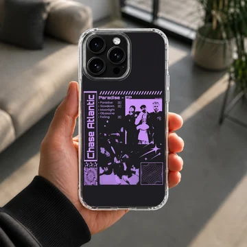 Chase Atlantic phone case featuring a purple collage artwork with tracklist and star motifs on a black backdrop — Lifestyle