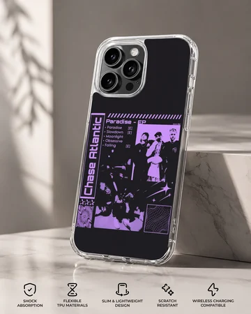 Chase Atlantic phone case featuring a purple collage artwork with tracklist and star motifs on a black backdrop — Specs