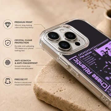 Chase Atlantic phone case featuring a purple collage artwork with tracklist and star motifs on a black backdrop — Info