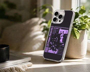 Chase Atlantic phone case featuring a purple collage artwork with tracklist and star motifs on a black backdrop — Lifestyle
