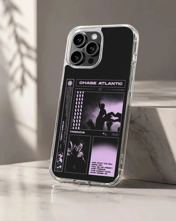 Chase Atlantic phone case featuring purple concert photo panels and text graphics on a black background