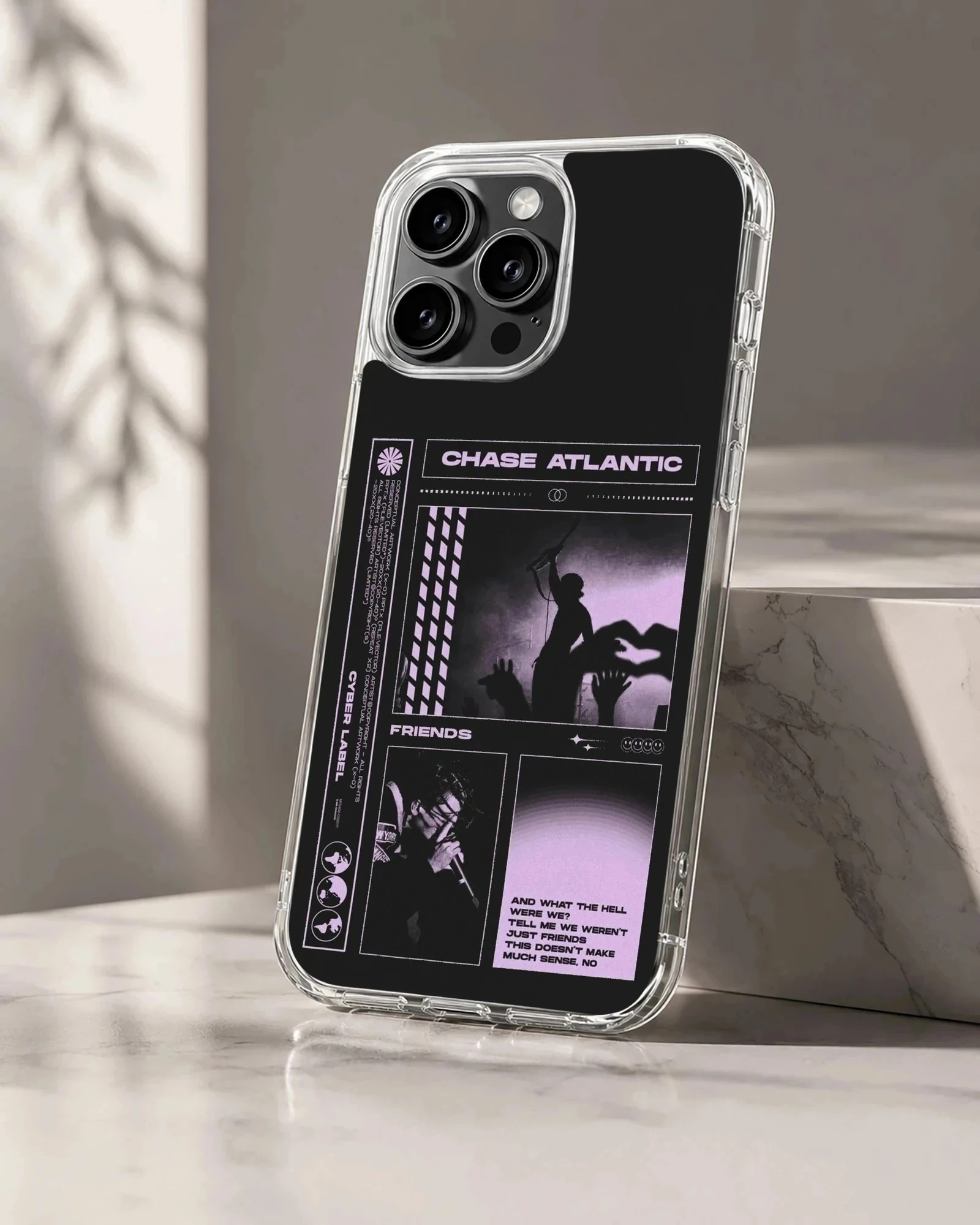Chase Atlantic phone case featuring purple concert photo panels and text graphics on a black background