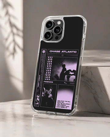 Chase Atlantic phone case featuring purple concert photo panels and text graphics on a black background — Hero