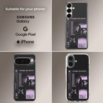 Chase Atlantic phone case featuring purple concert photo panels and text graphics on a black background — Collage