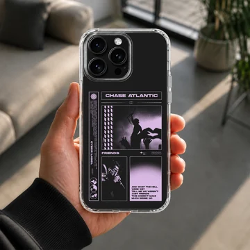 Chase Atlantic phone case featuring purple concert photo panels and text graphics on a black background — Lifestyle